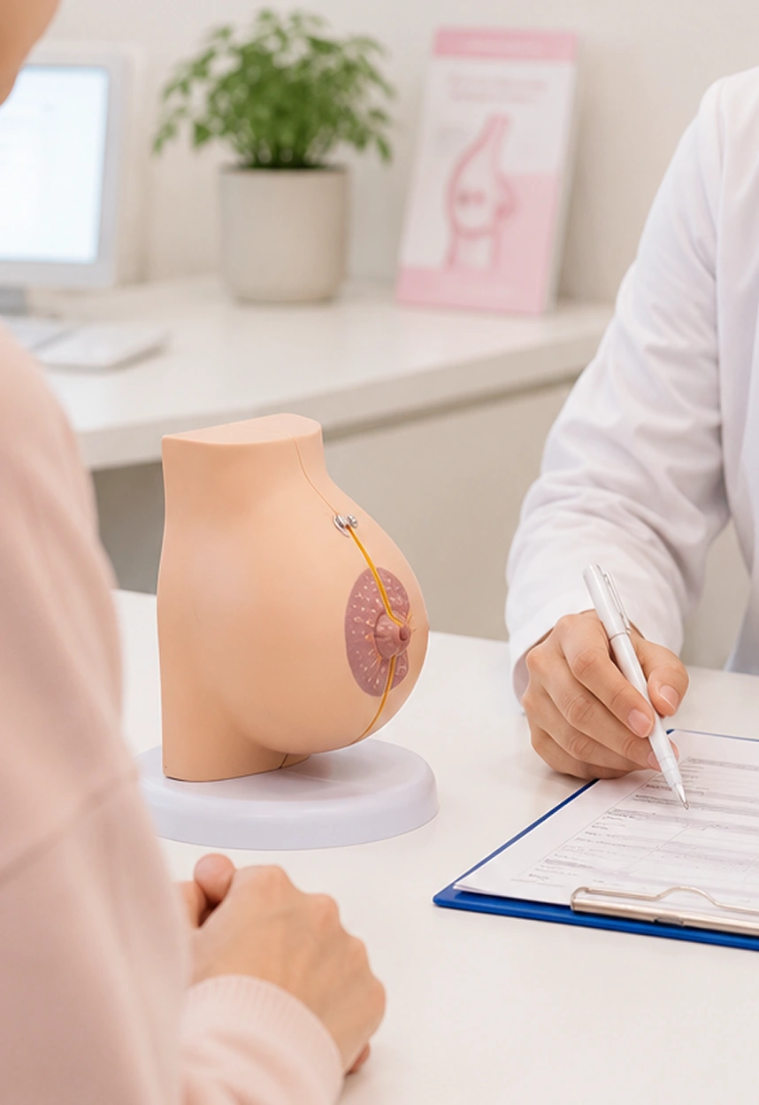 A medical doctor holding a pen next to an anatomical breast model on a desk during a patient consultation.