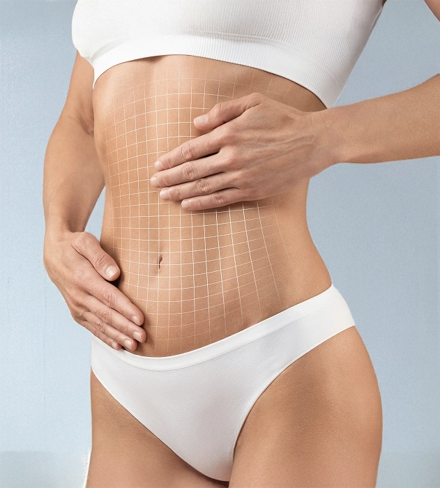 Woman holding her stomach with a white digital grid overlay depicting body contouring and skin tightening.