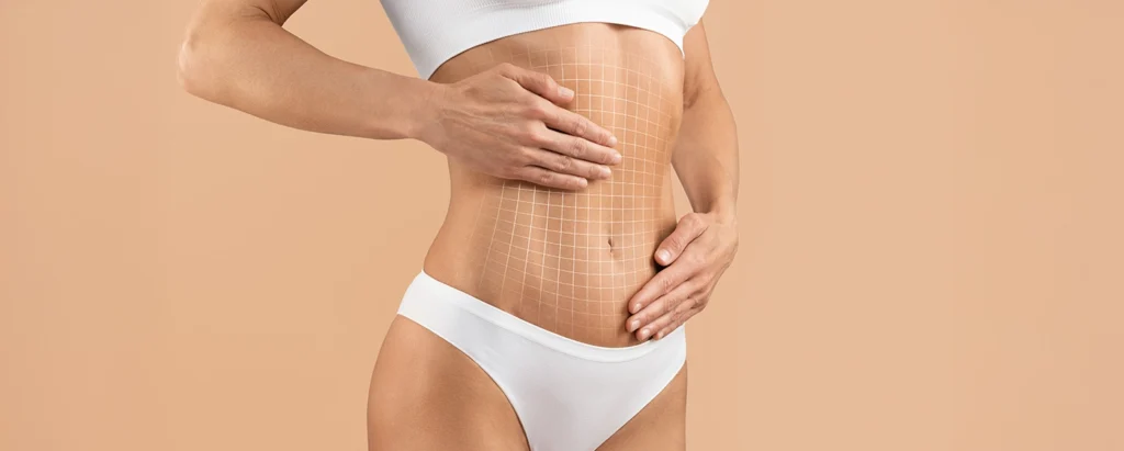 Woman touching toned stomach overlayed with body contouring grid.
