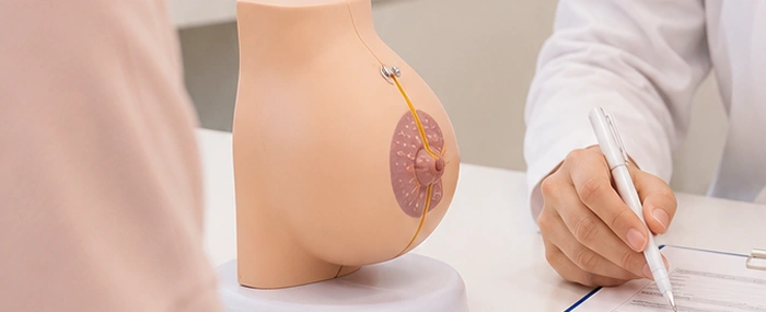 A doctor taking clinical notes next to an anatomical breast model during a non-surgical breast enhancement consultation.